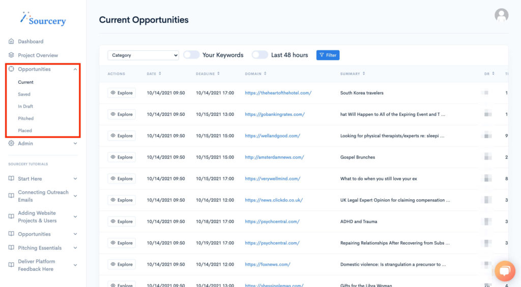 Screenshot of Opportunities List